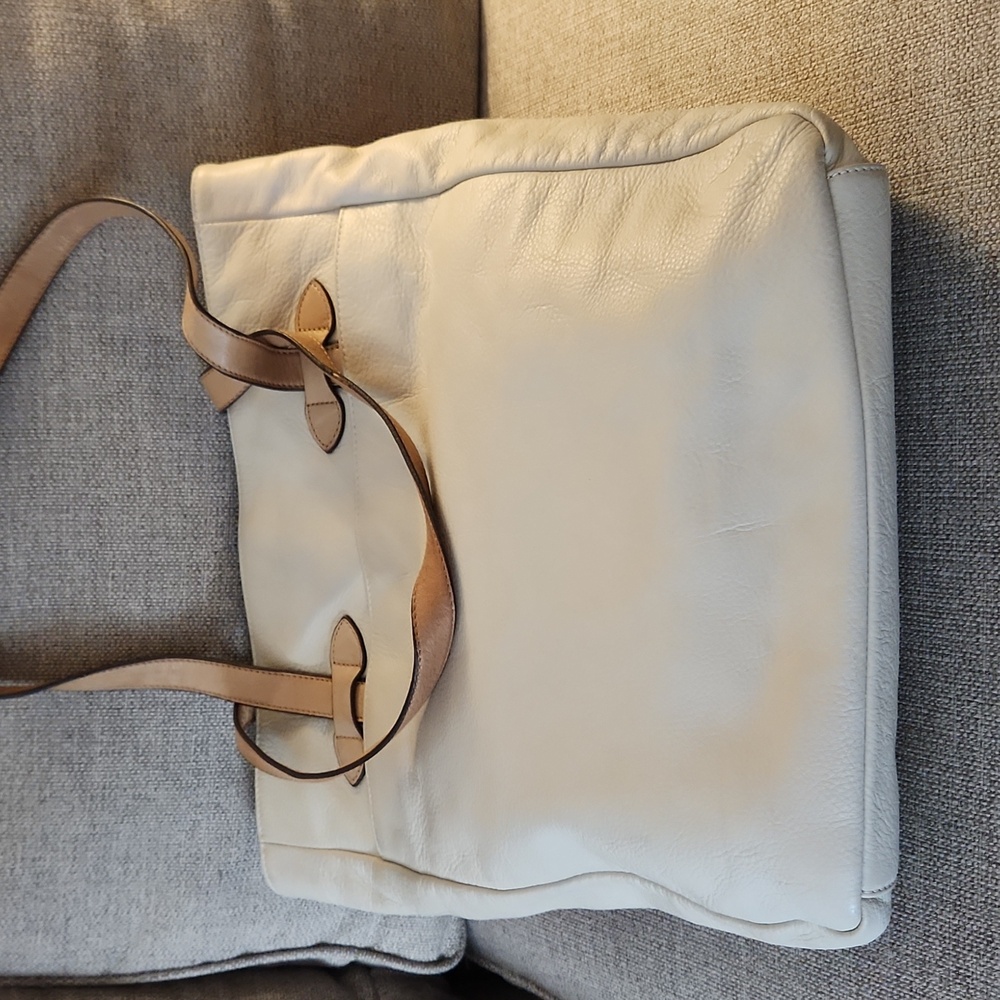Cynthia Rowley Genuine Leather Cream Leather Tote Bag 15” x 15”